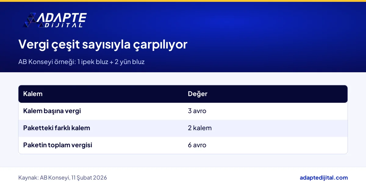 AB kurallarına göre iki farklı bluz kategorisi içeren paketin 3 avroluk vergi hesabı
