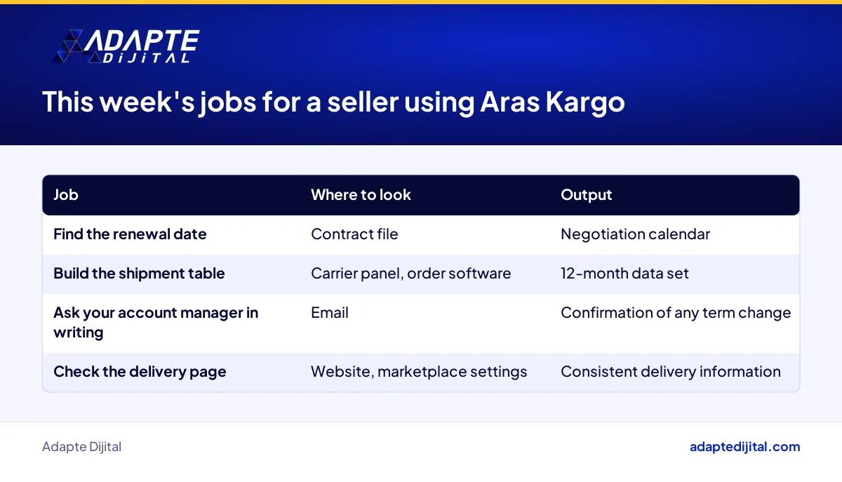 Contract and data steps a seller with an Aras Kargo deal should check this week