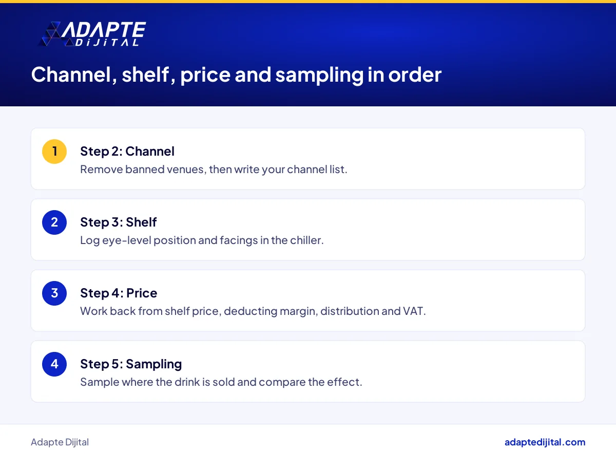 Order of channel, shelf, price and sampling steps for a new energy drink brand