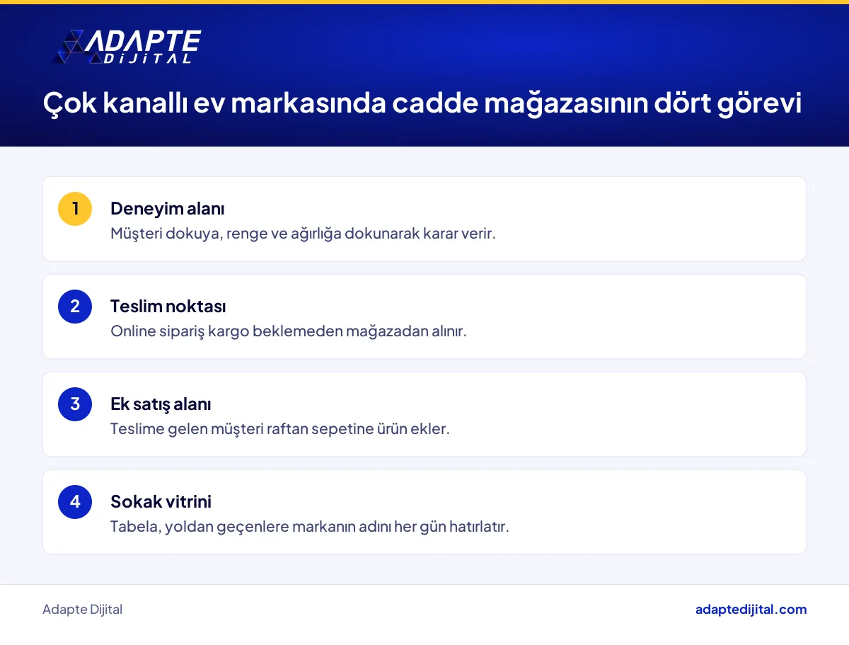 Çok kanallı çalışan bir ev markasında cadde mağazasının üstlendiği dört temel görev