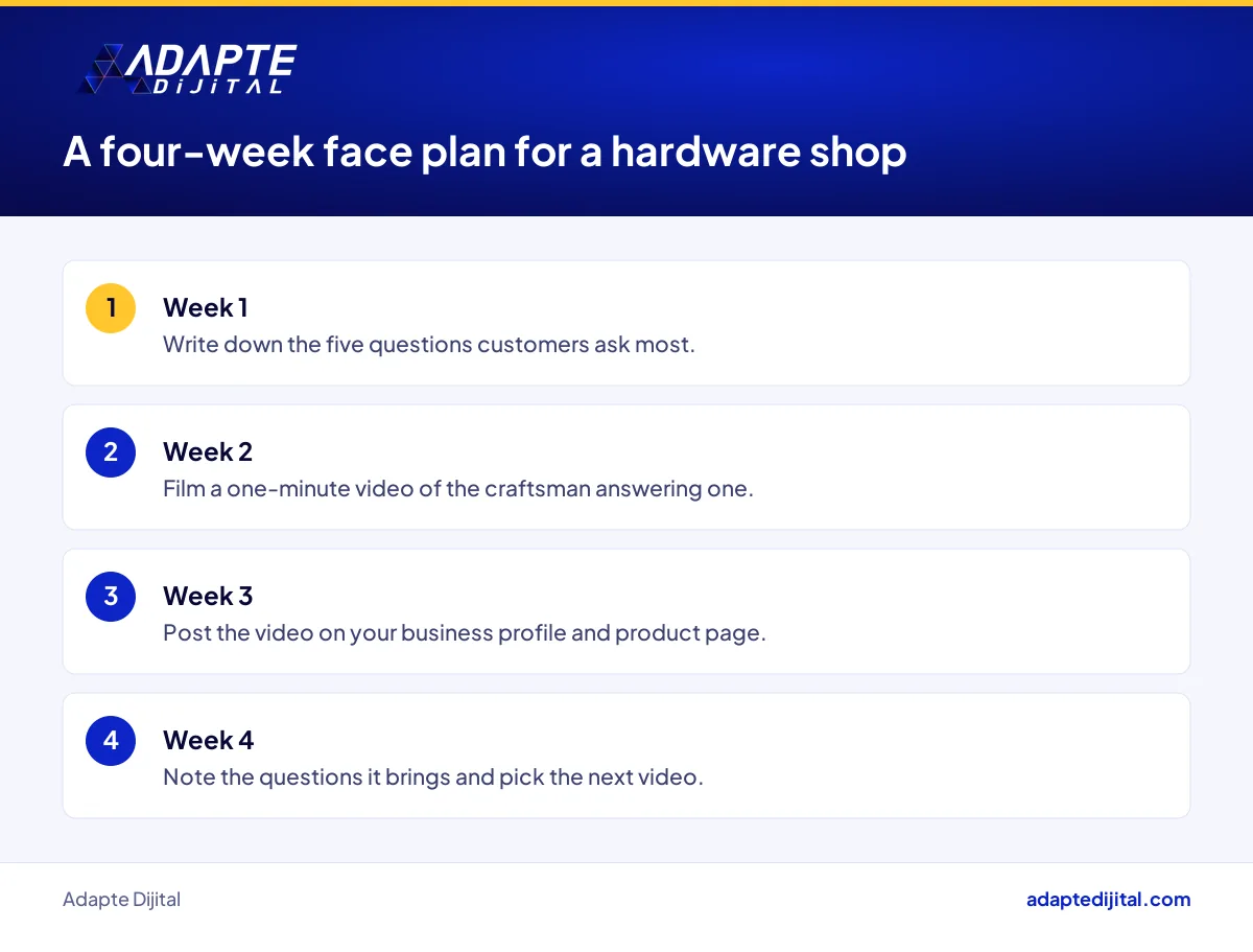 Four-week plan for a hardware shop to build its own face without a celebrity budget