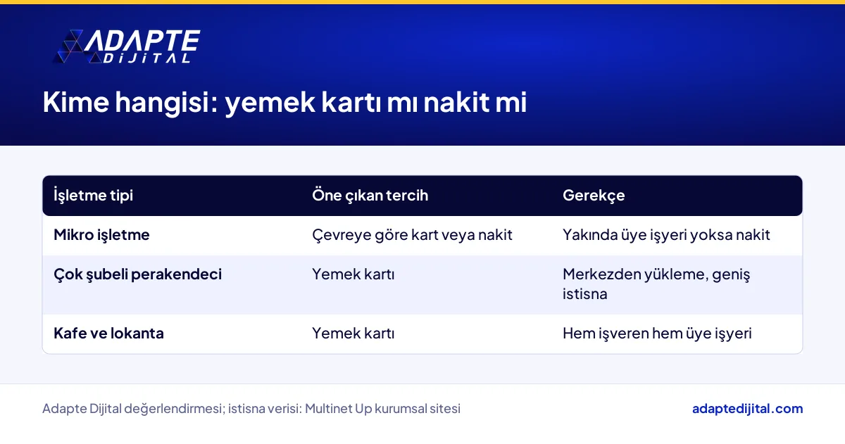 Mikro işletme, çok şubeli perakendeci ve kafe için yemek kartı ile nakit tercihinin karşılaştırması