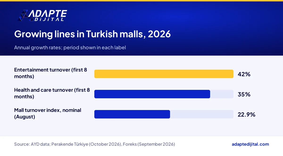 Annual growth in Turkish mall entertainment, health and care turnover and the nominal mall turnover index in 2026