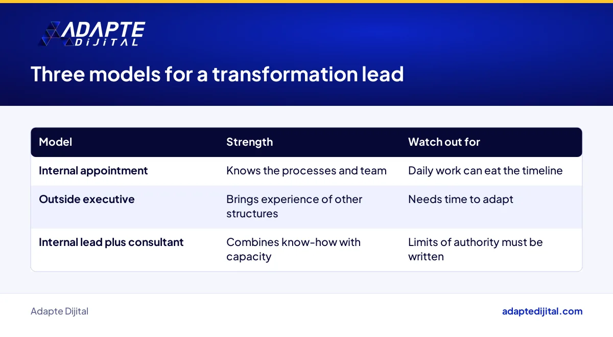 Internal, external and blended models a mid-sized retailer can compare when choosing a digital transformation lead