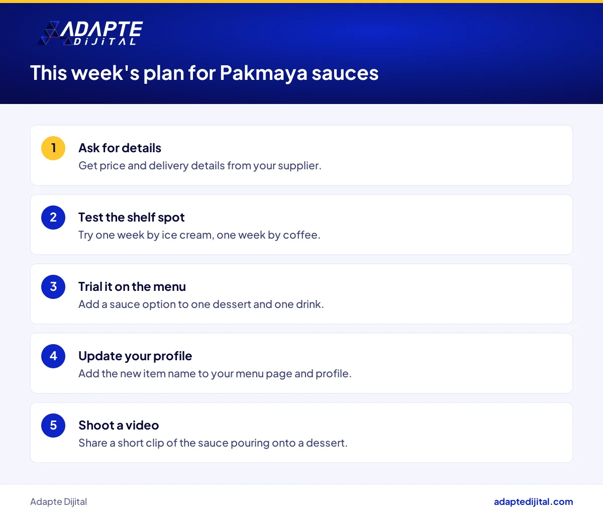 This week's shelf, menu and digital steps for grocers and cafe owners stocking Pakmaya's liquid sauces