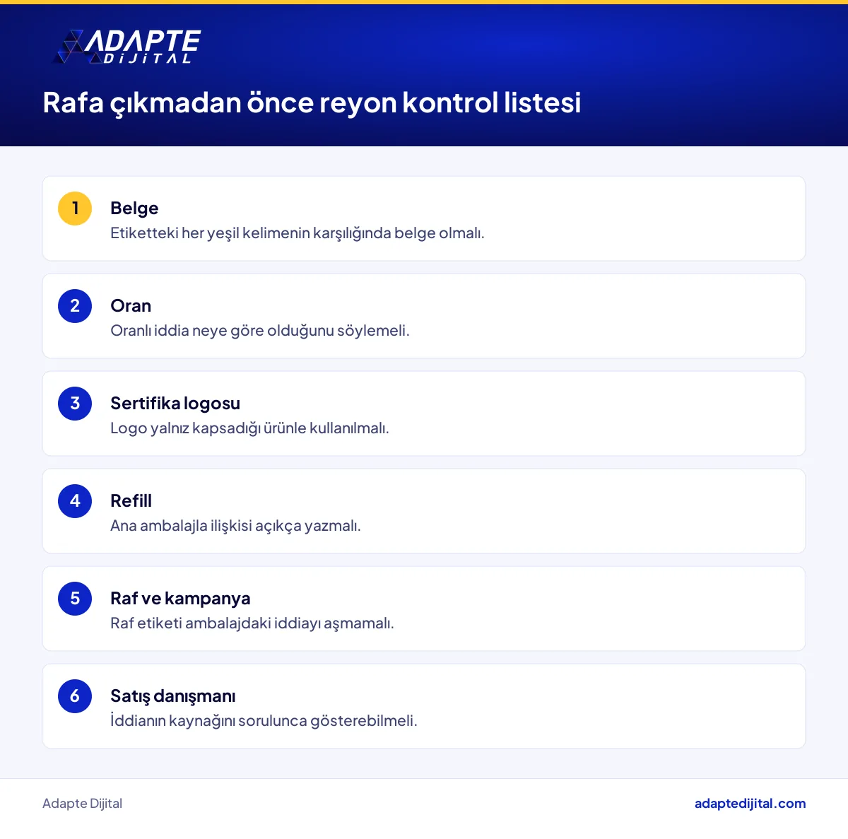 Temizlik ürünü rafa çıkmadan önce çevre iddiaları için altı maddelik reyon kontrol listesi