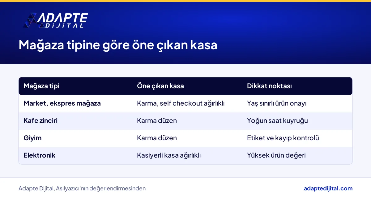 Market, giyim, elektronik ve kafe gibi mağaza tiplerine göre self checkout ya da kasiyerli kasa tercihi