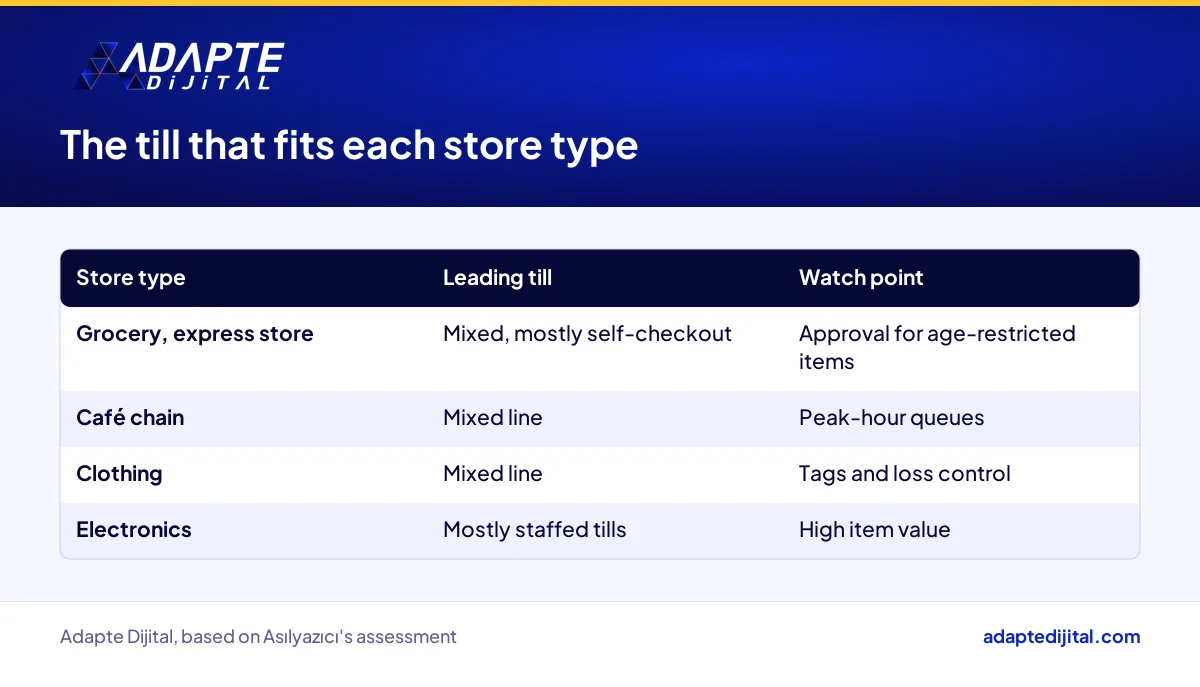 Self-checkout or staffed till preference by store type, from grocery and clothing to electronics and cafés