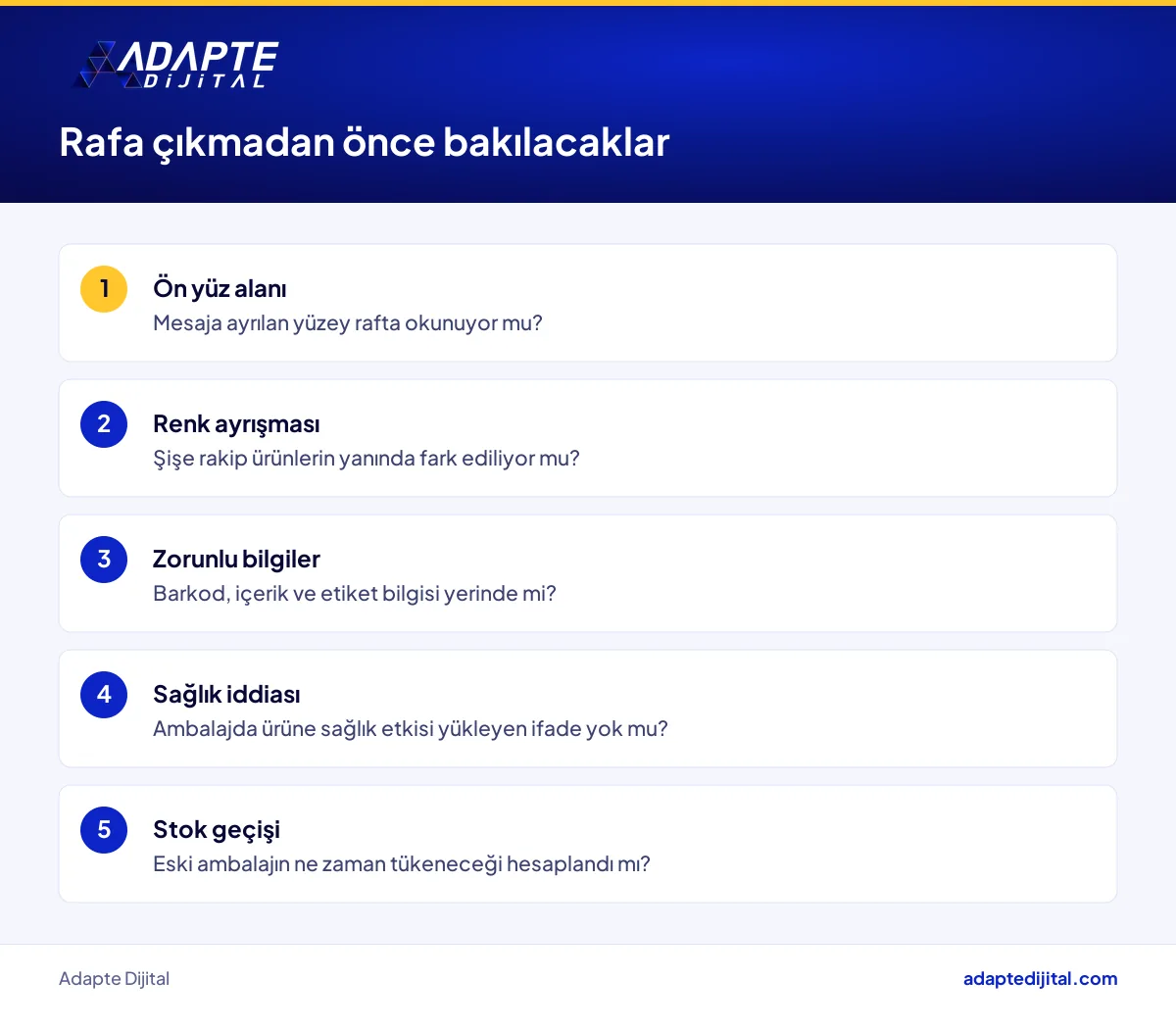 Dönemsel ambalajlı gıda ürünü rafa çıkmadan önce kontrol edilecek beş madde