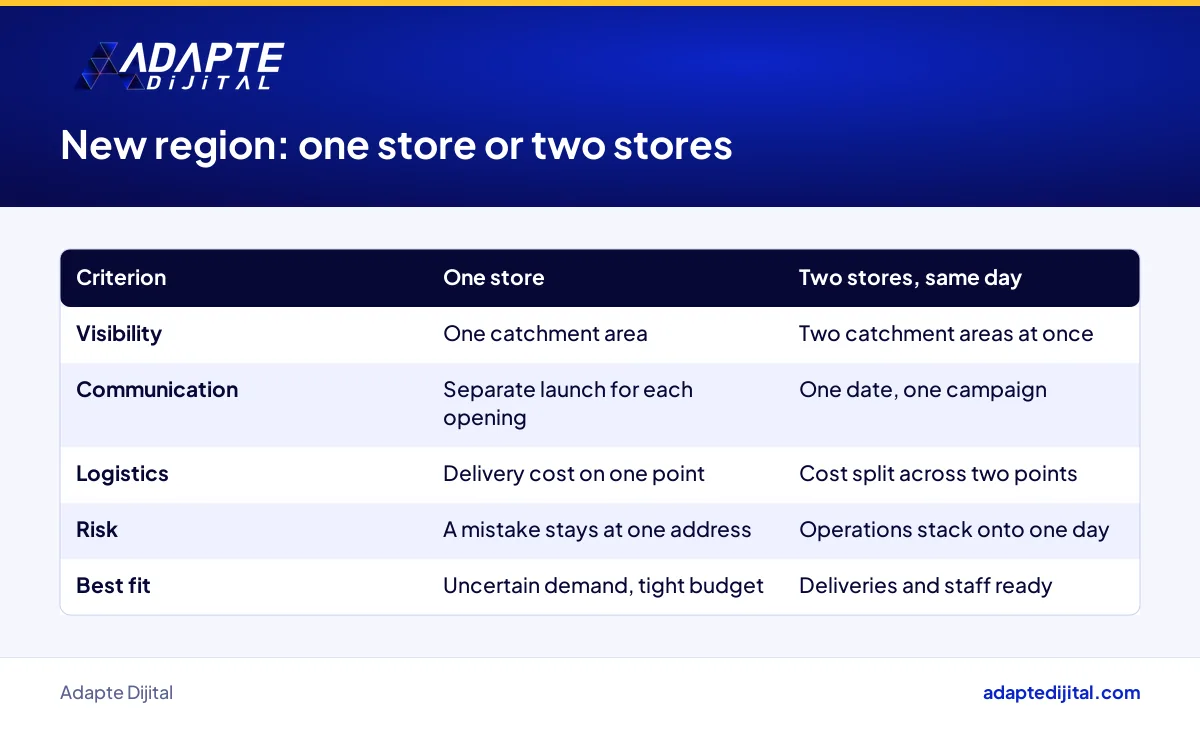 Entering a new region with one store against two stores, compared on visibility, logistics and risk
