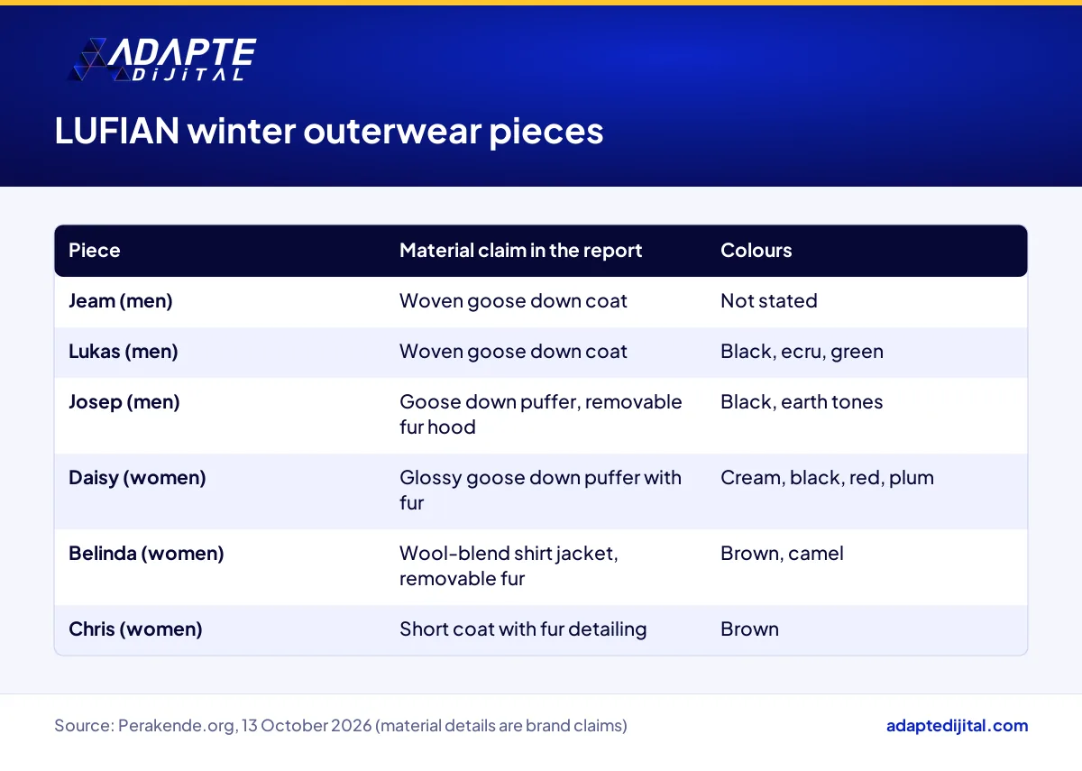 Table of LUFIAN winter outerwear pieces with the material claims and colour options given in the report
