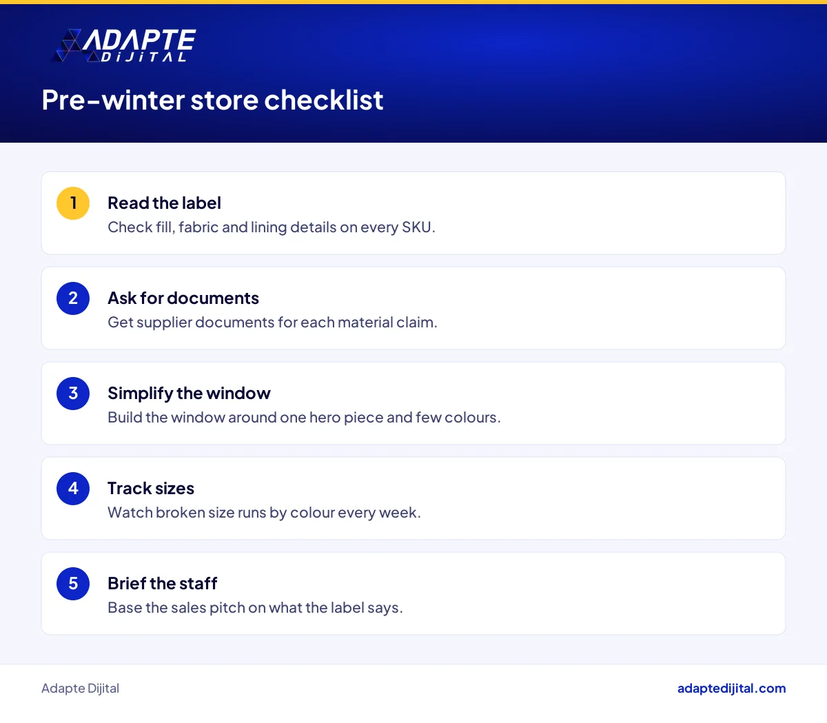 Pre-winter window and label checklist for a store that sells coats and outerwear