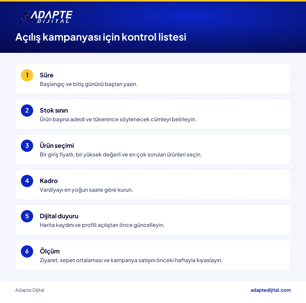 Yeni mağaza açılış kampanyası için süre, stok, ürün seçimi, kadro ve dijital duyuru kontrol listesi
