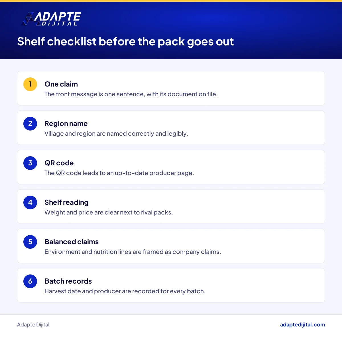 Shelf checklist for a pulses pack carrying a women-producer story