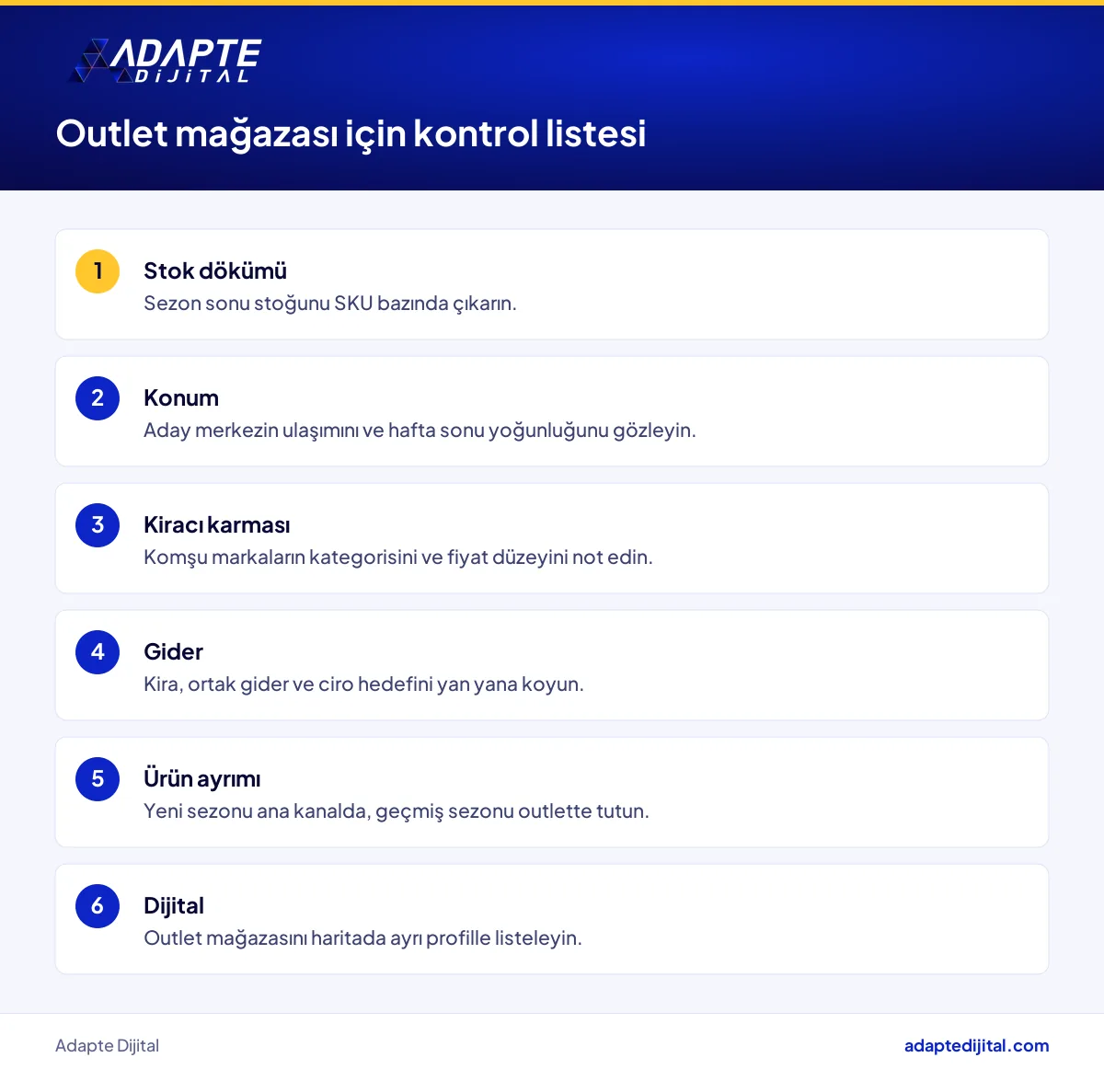 Outlet mağazası açmayı düşünen marka için stok, konum, kira, ürün ayrımı ve dijital görünürlük kontrol listesi