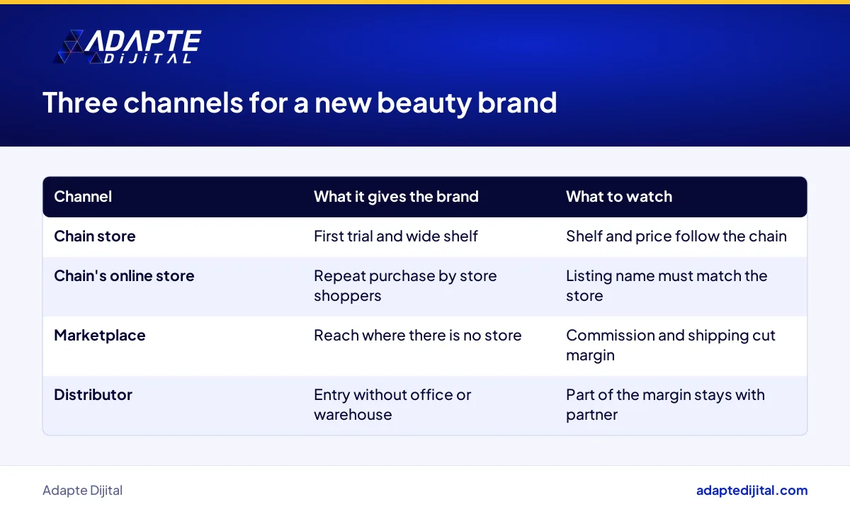 Benefits and costs of a chain store, the chain's online store and a marketplace for a new beauty brand