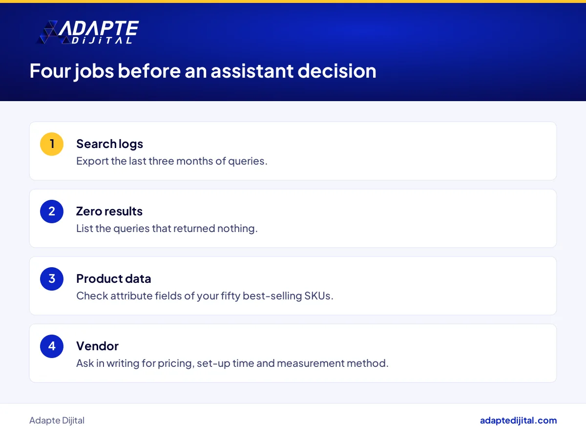 Four tasks an online store completes before switching site search to a shopping assistant