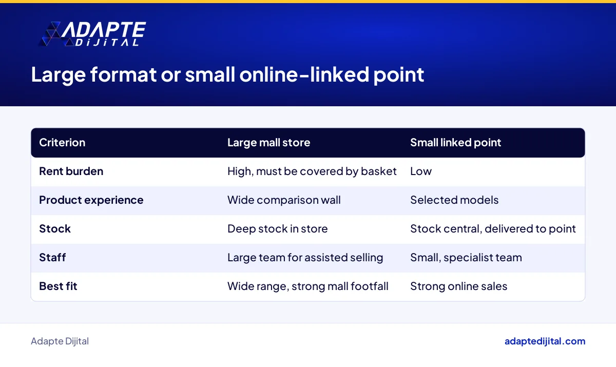 Comparison of a large mall store and a small online-linked store point on rent, experience and stock