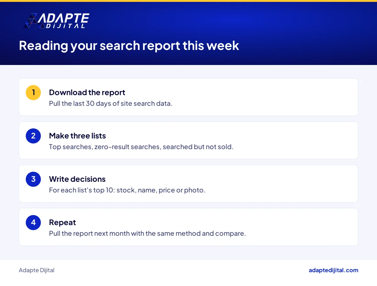 Four-step plan for an online store owner to read the site search report this week