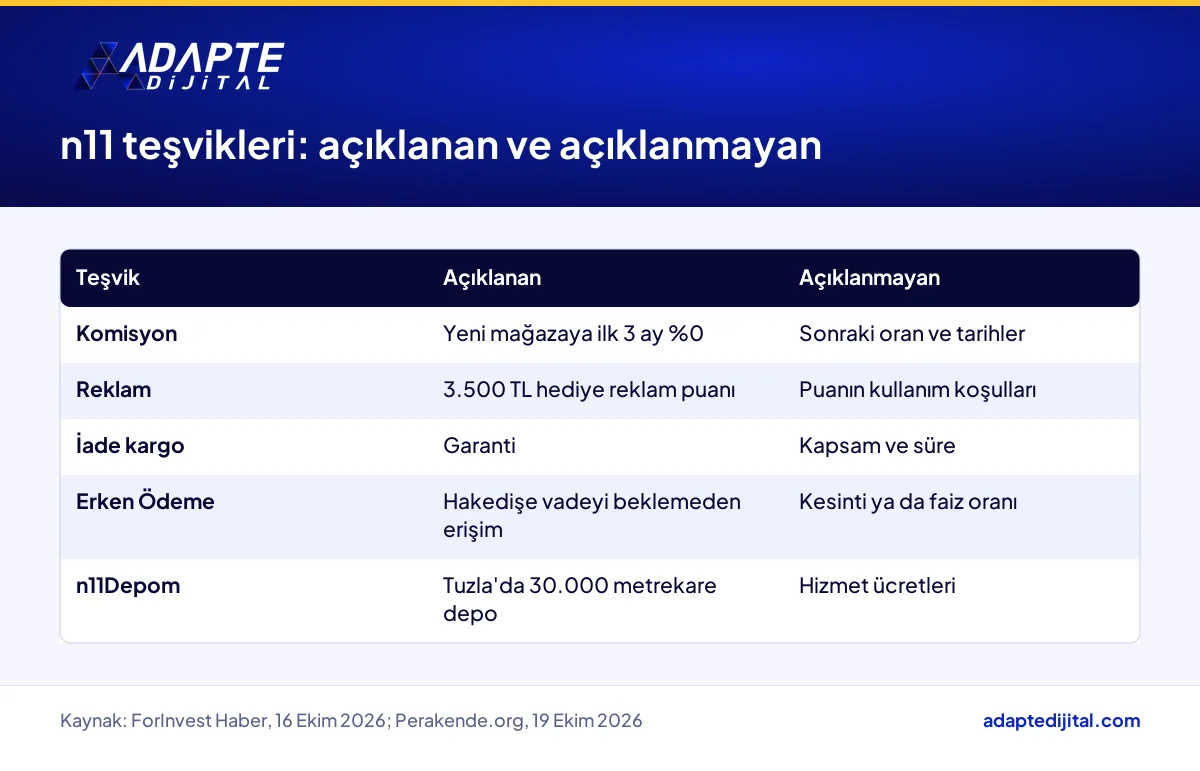 n11'in satıcı teşviklerinde açıklanan koşullar ile açıklanmayan komisyon, tarih ve maliyet bilgileri