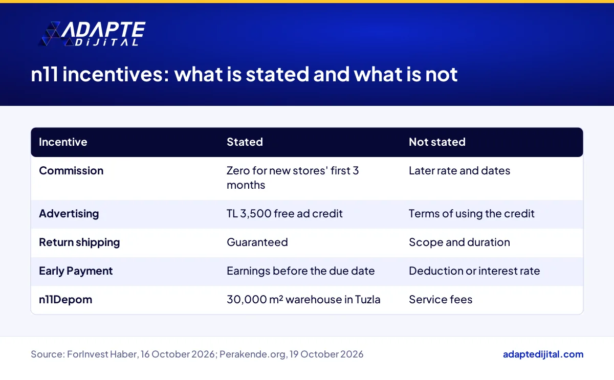 n11 seller incentives showing the stated terms next to the missing commission, date and cost details