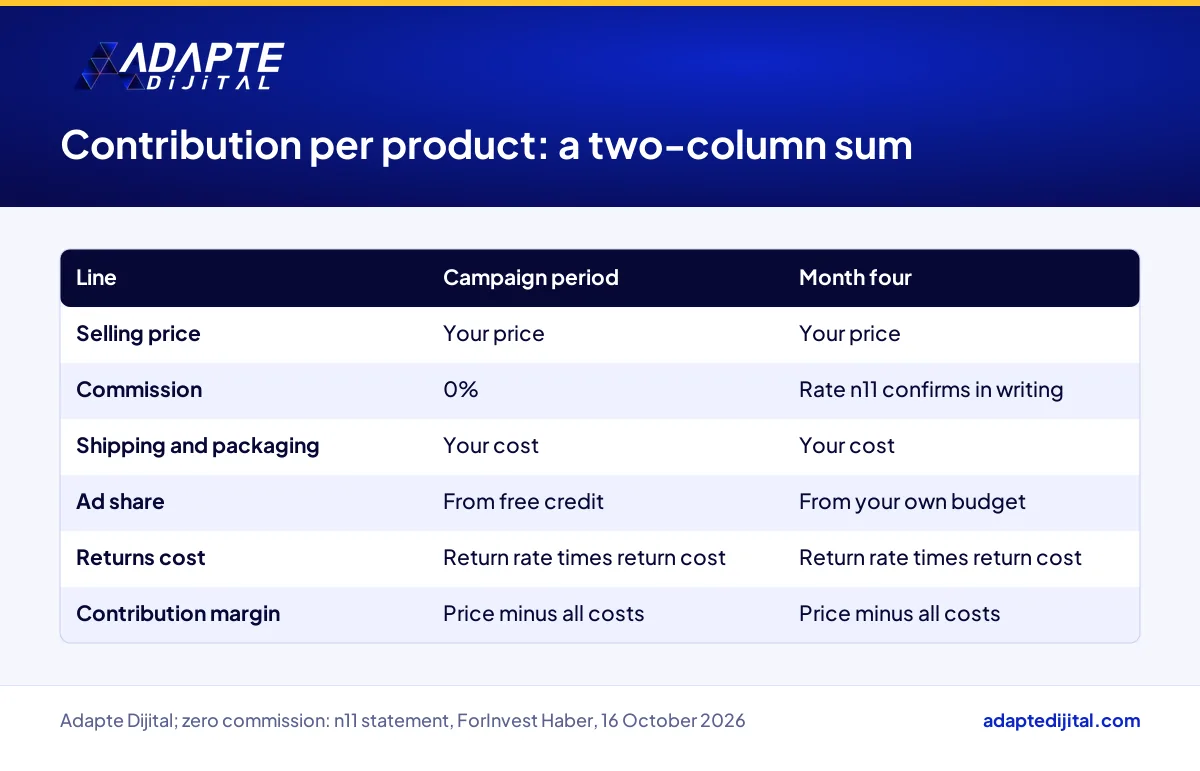 Two-column contribution margin sheet per product for a marketplace seller, campaign period versus month four