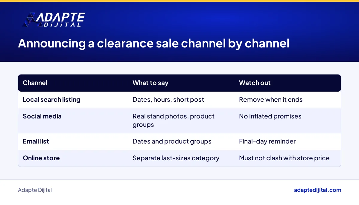 Table showing how to announce a clearance campaign through local search, social media and email