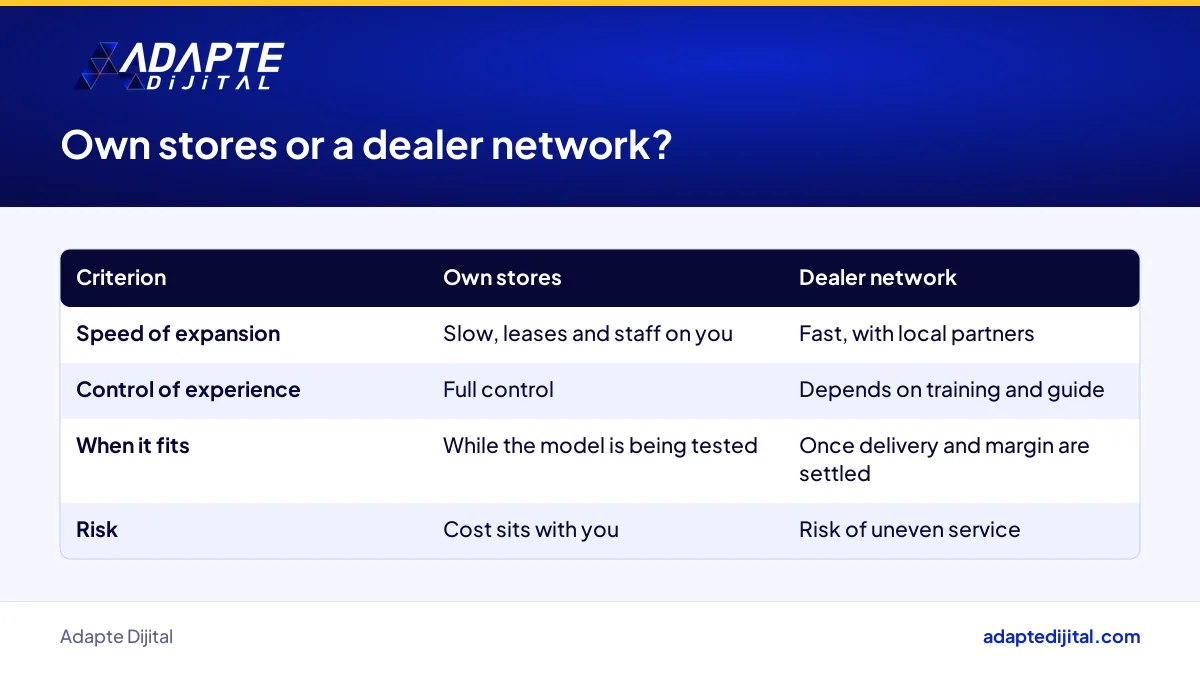 Comparison of own-store and dealer network growth models for a furniture brand