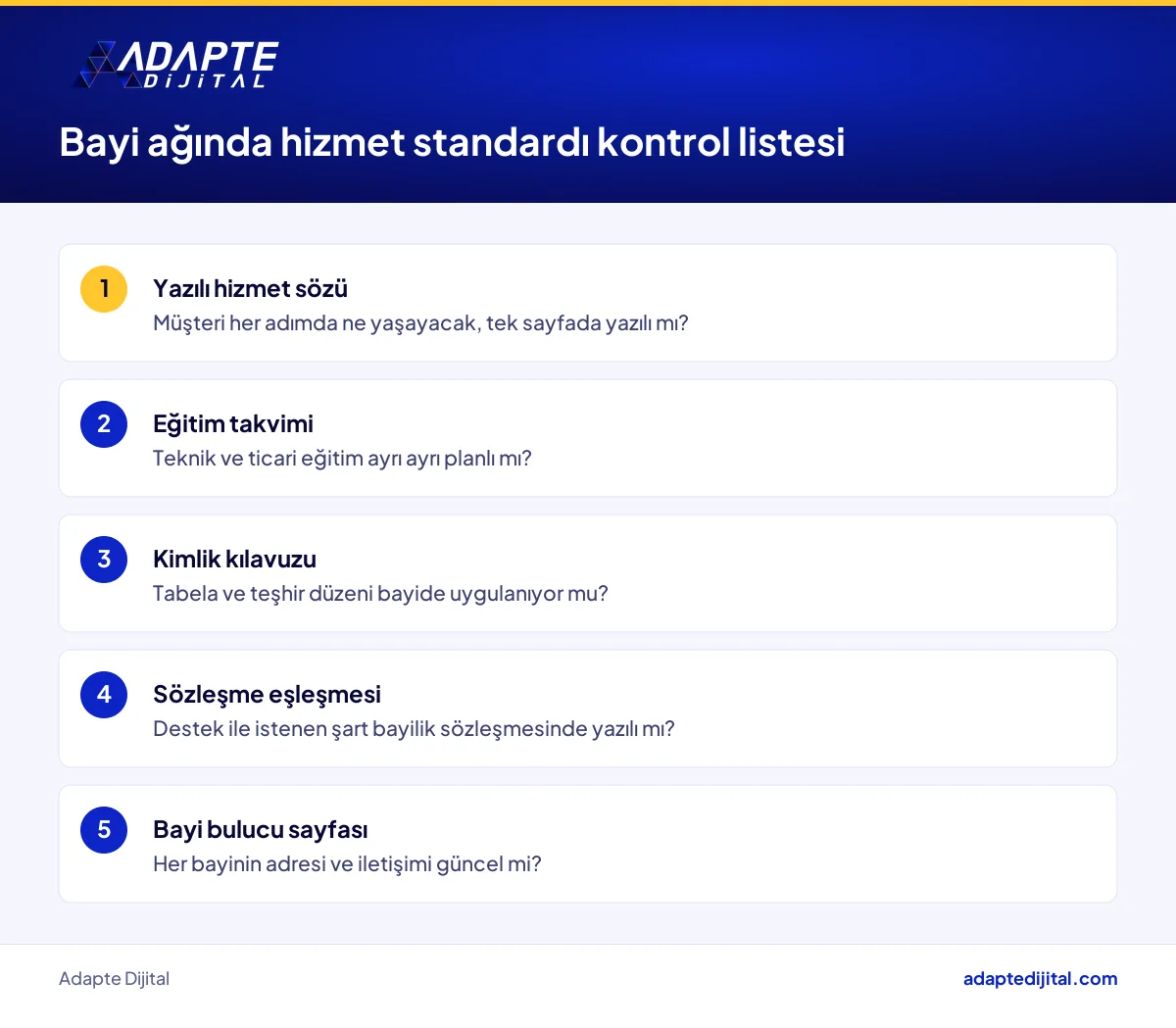Bayi ağıyla satan işletmeler için hizmet standardı kontrol listesi