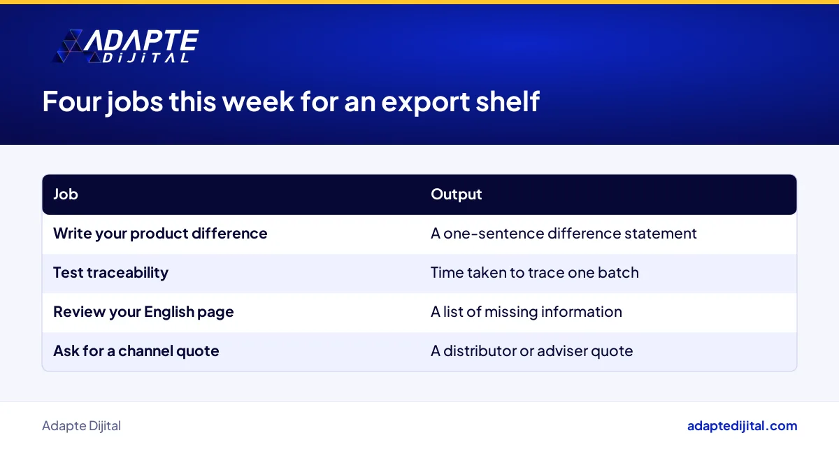 Four jobs a food producer can finish this week to prepare for an export shelf, with expected outputs