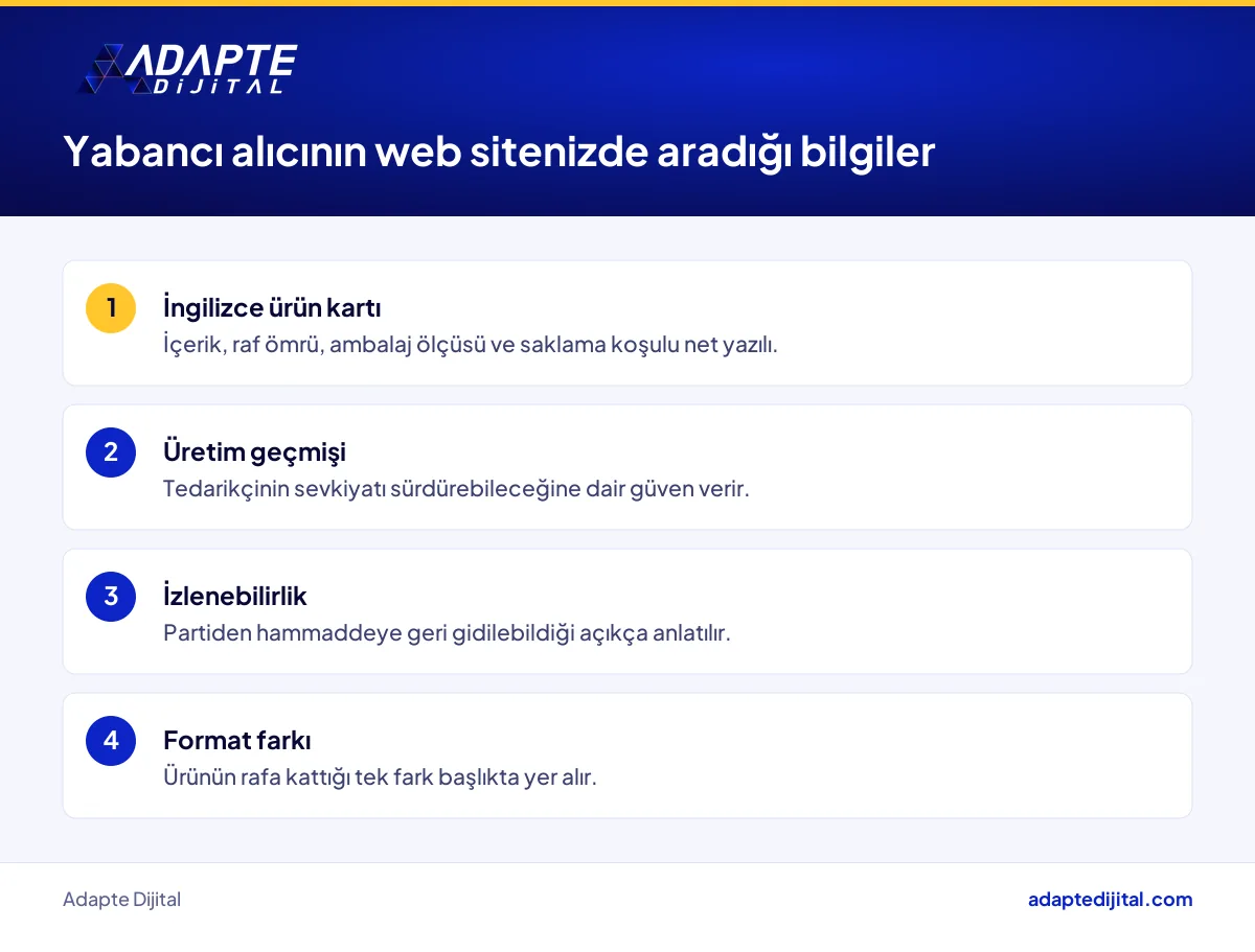 İhracata hazırlanan bir gıda markasının web sitesinde alıcının aradığı bilgilerin listesi