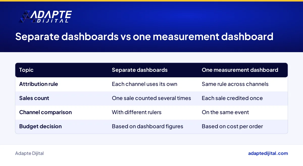 Table showing how comparing ad channels in separate dashboards differs from one measurement dashboard for a retailer