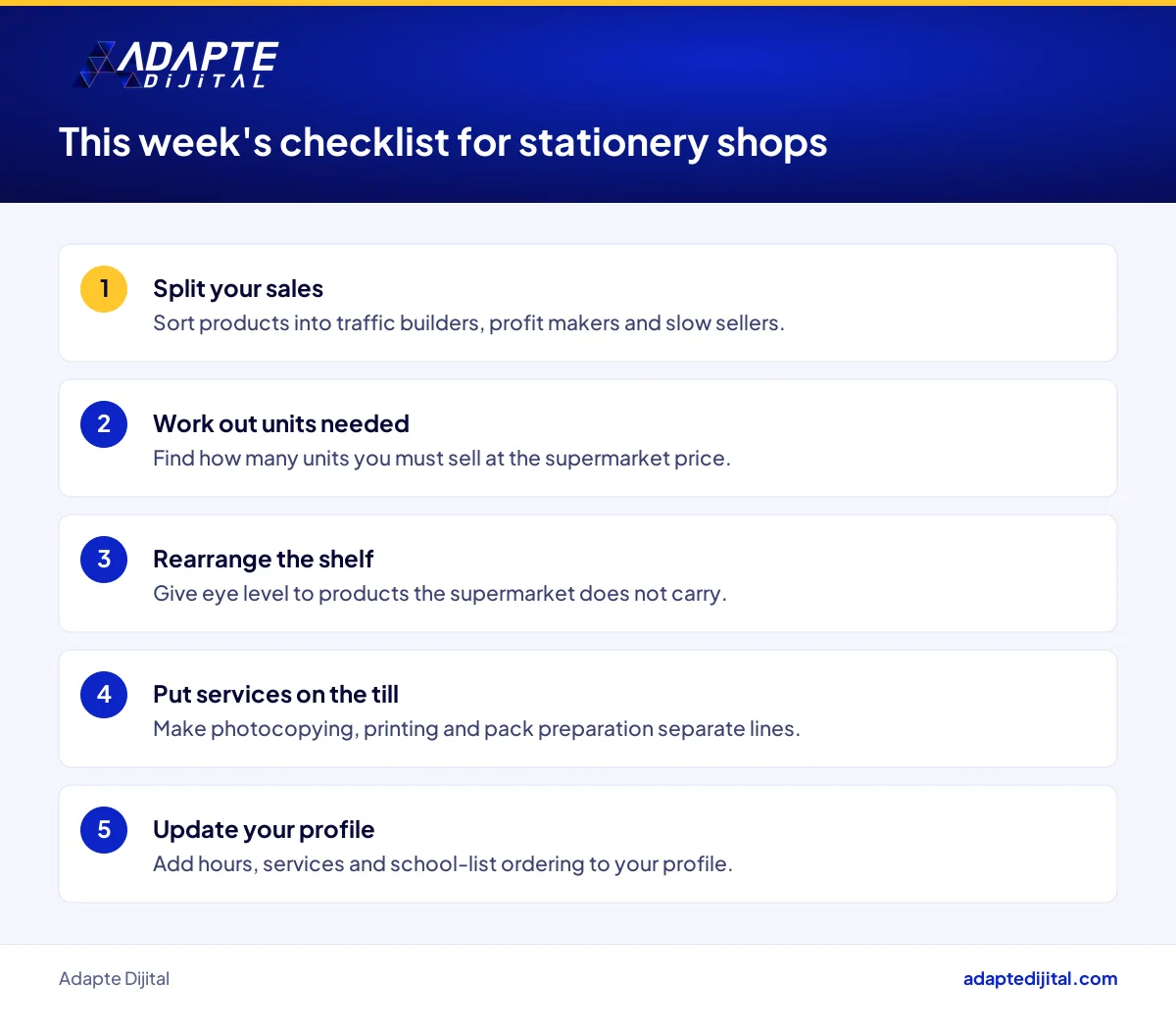 Five-point checklist a neighbourhood stationery shop can apply this week against a supermarket campaign