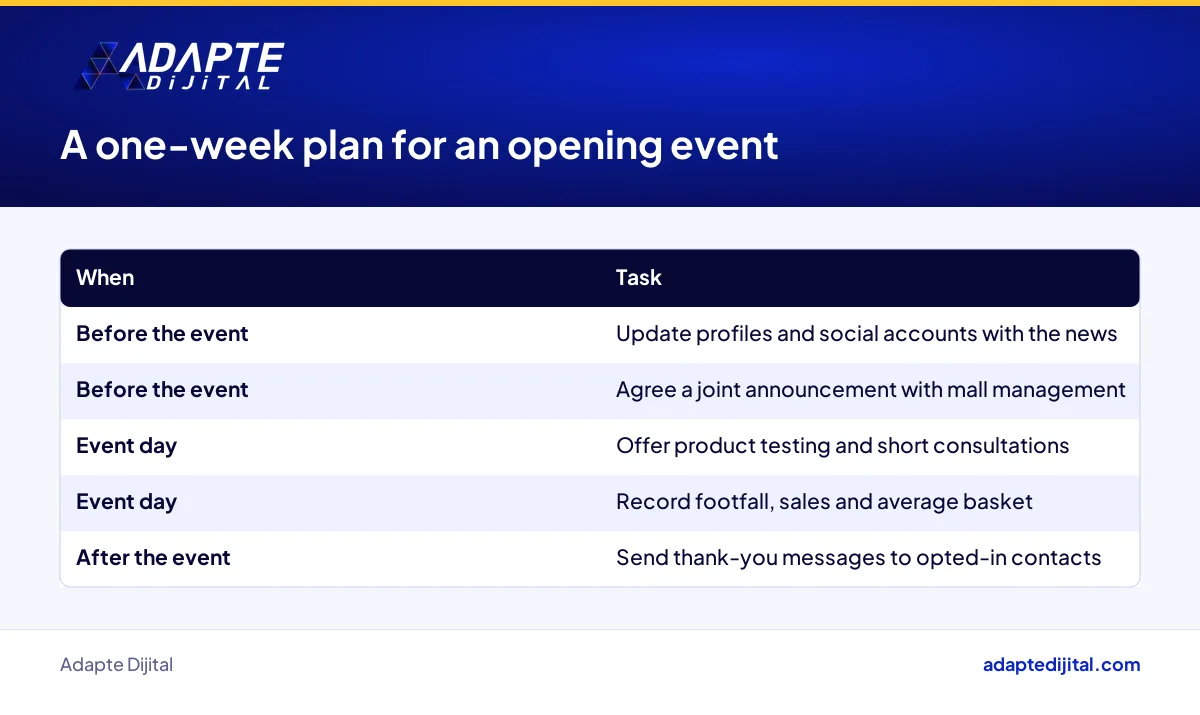 Table of tasks before, during and after an opening event for a refreshed mall store