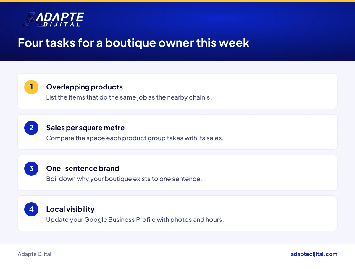 List of four concrete tasks a boutique owner can do this week to respond to chain store competition