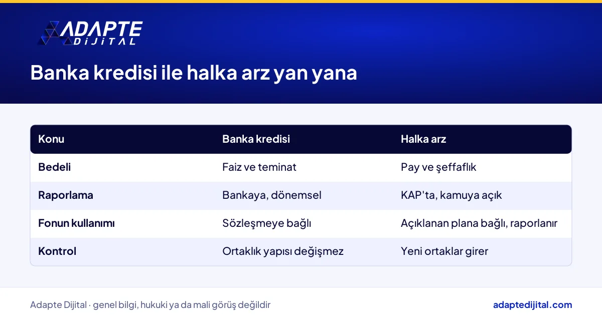 Perakende şirketinin banka kredisi ile halka arz arasında finansman, raporlama ve kontrol farklarını gösteren tablo