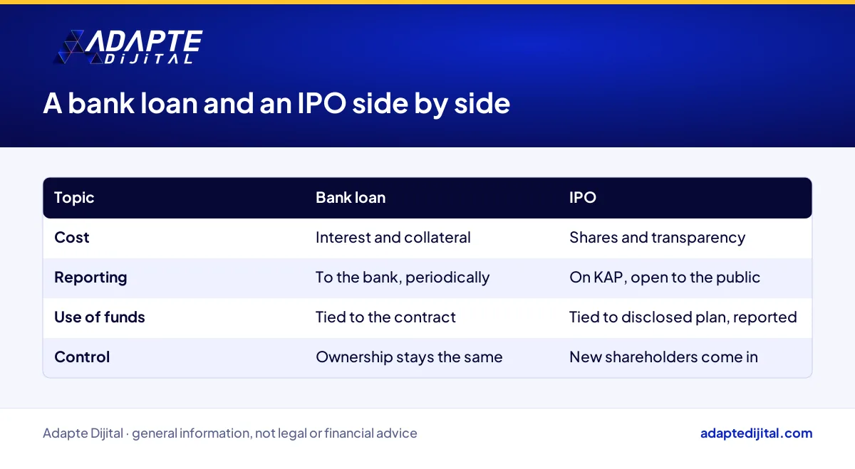 Table comparing a bank loan and an IPO for a retail company on cost, reporting, use of funds and control