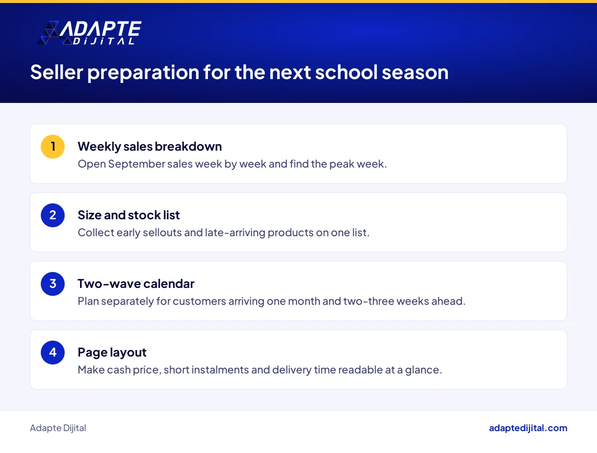 Preparation steps on stock, calendar, product pages and delivery for an online seller's next back-to-school season