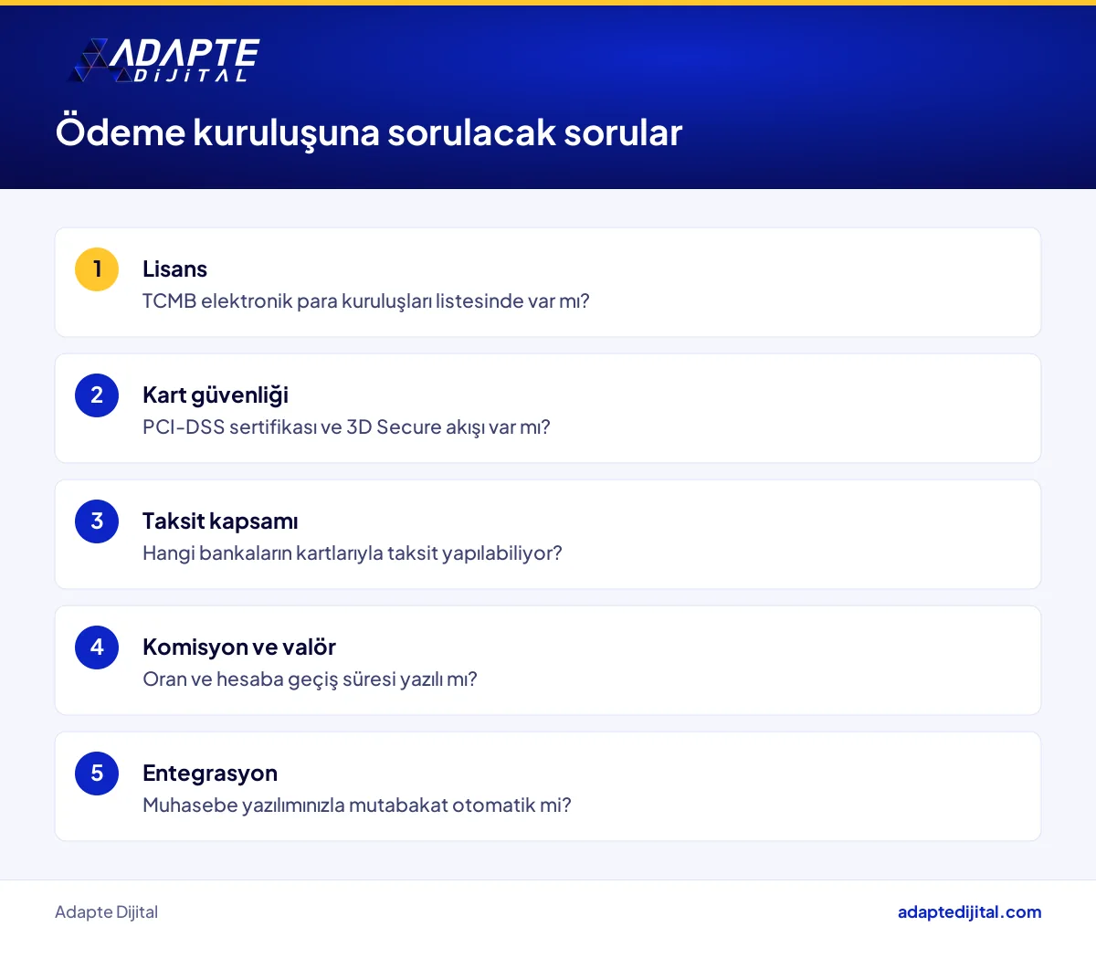 Lisanslı ödeme kuruluşundan teklif alırken bayi ağı olan işletmenin soracağı başlıklar listesi