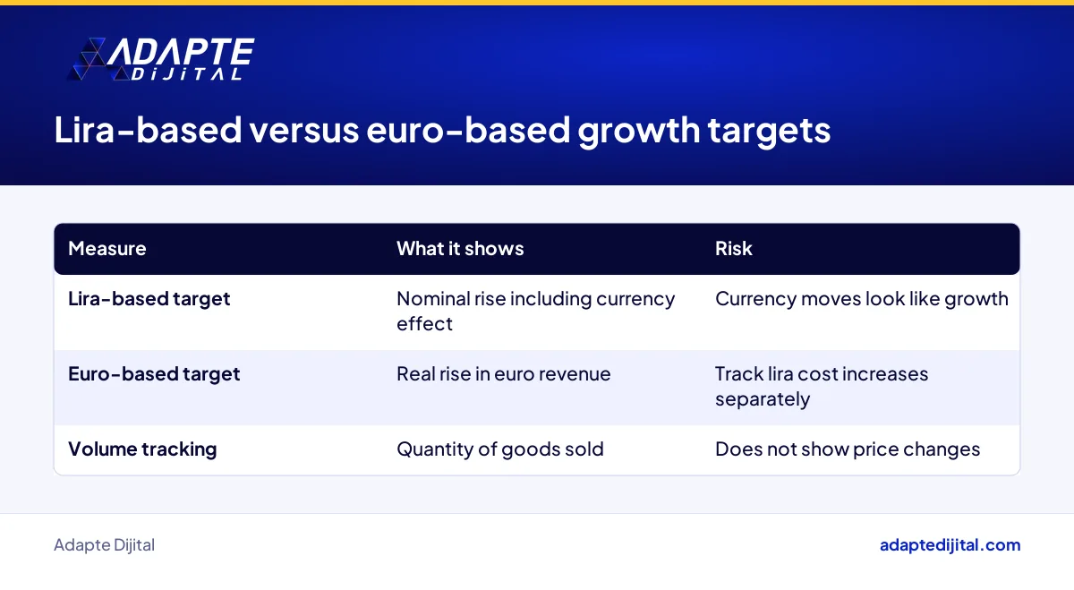 Comparison of lira-based and euro-based growth targets for an exporting manufacturer