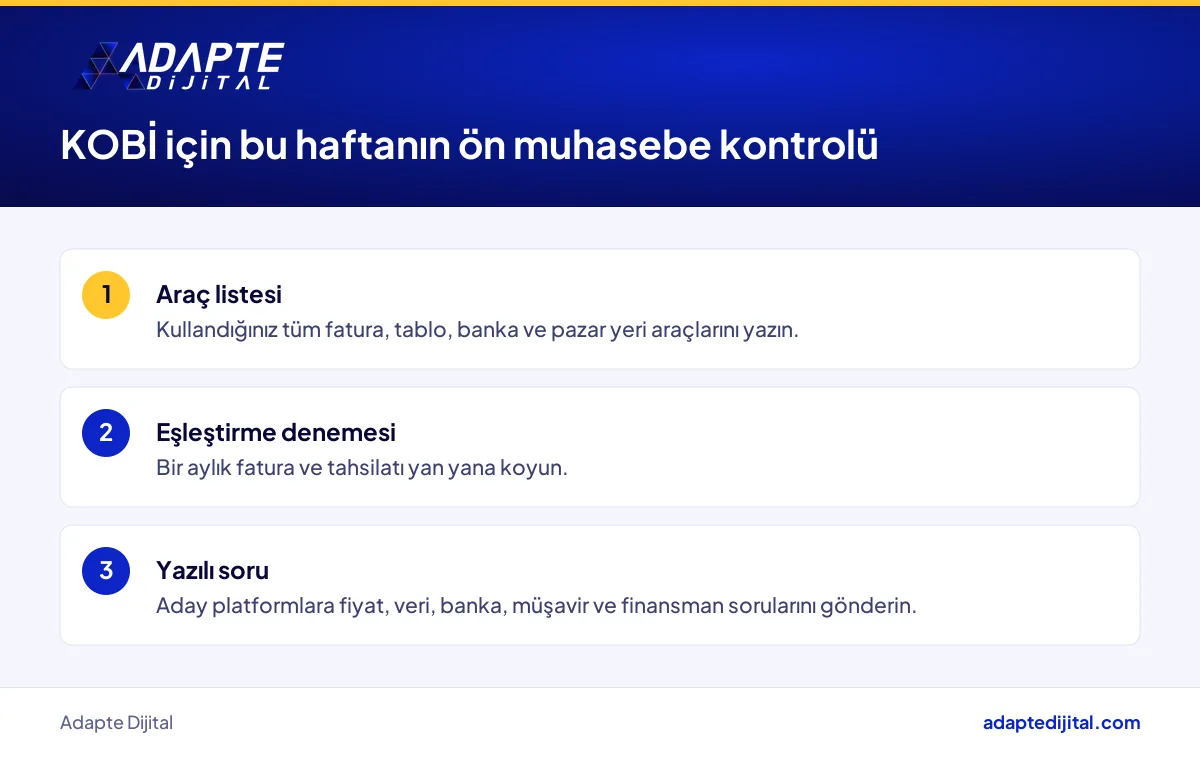 KOBİ sahibinin ön muhasebe düzenini gözden geçirmek için bu hafta atacağı araç, eşleştirme ve teklif adımları