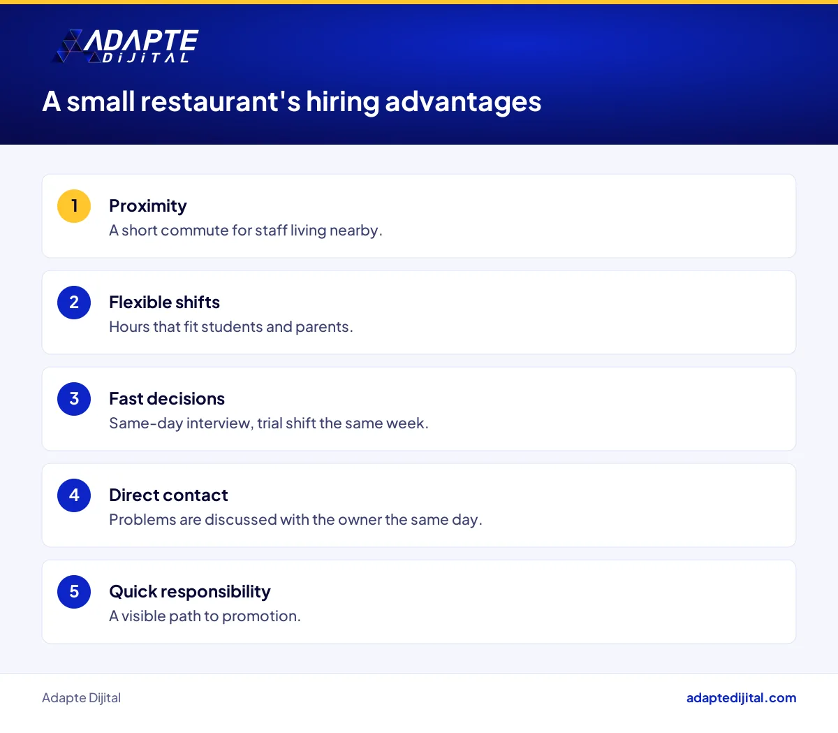 Advantages a small restaurant can use when competing with a big chain for staff