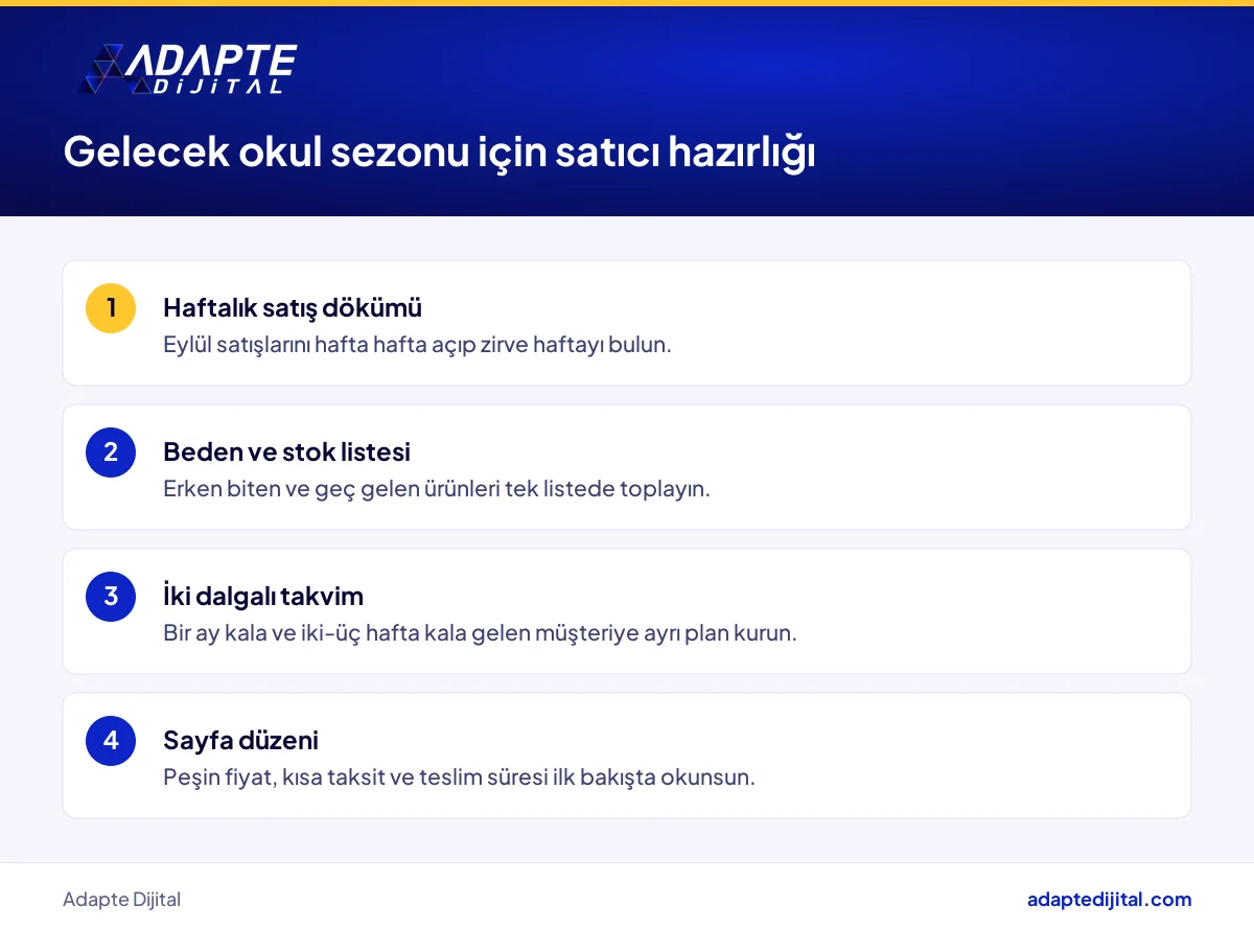 Online satıcının gelecek okula dönüş sezonu için stok, takvim, sayfa ve teslimat hazırlık adımları