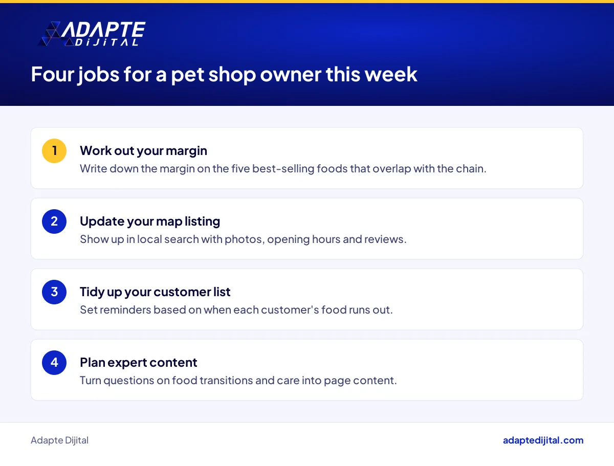 List of four steps a pet shop owner can take this week after the A101 Pati launch