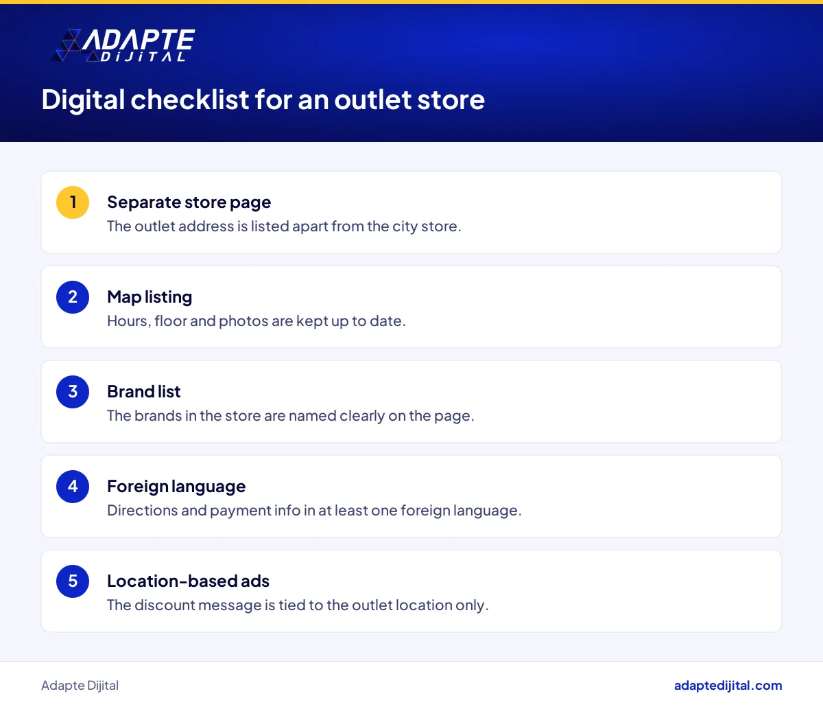 Digital checklist for a store in an outlet centre: own page, map listing, foreign language and location-based ads
