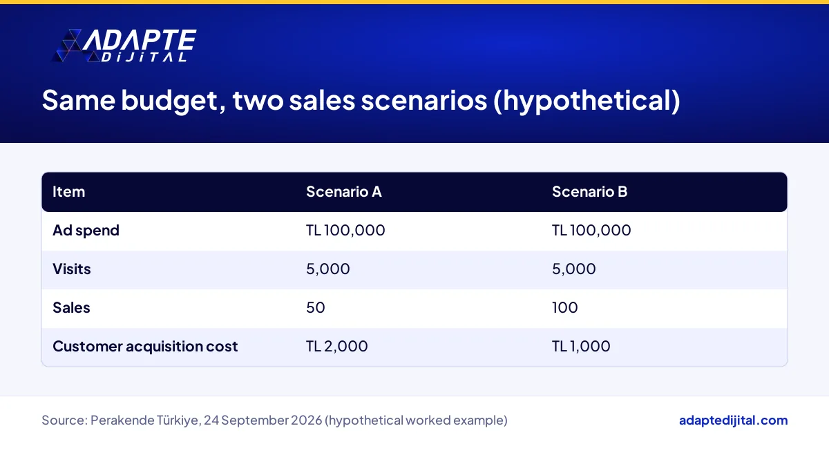 Hypothetical comparison of customer acquisition cost at 50 and 100 sales on the same ad budget