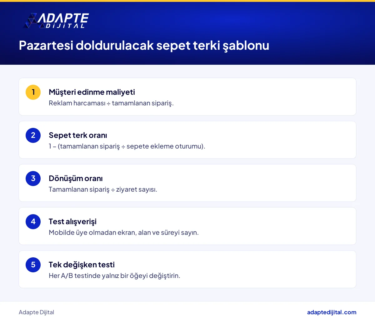 E-ticaret mağazası için sepet terki ve müşteri edinme maliyeti hesap şablonu ve kontrol listesi