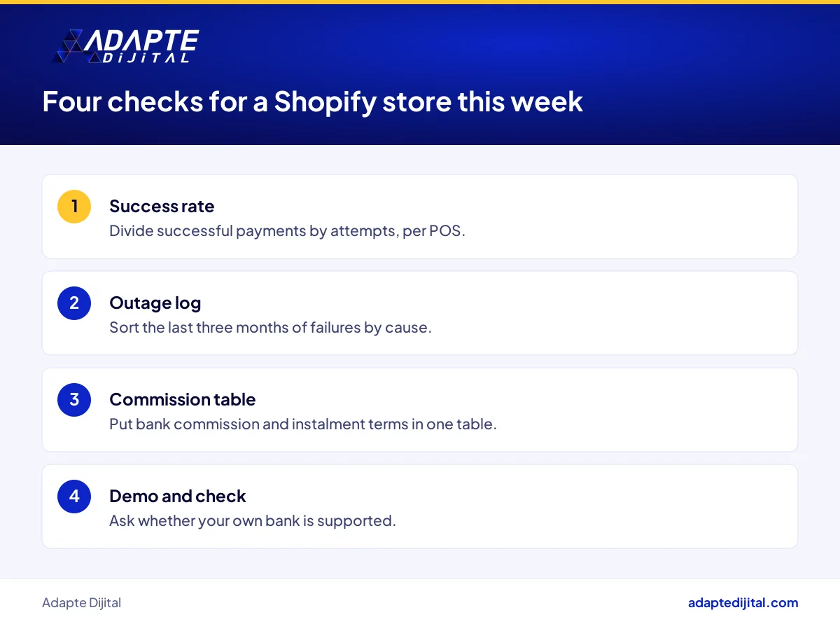 Weekly list for a Shopify store covering payment success, outages, commission and demo requests