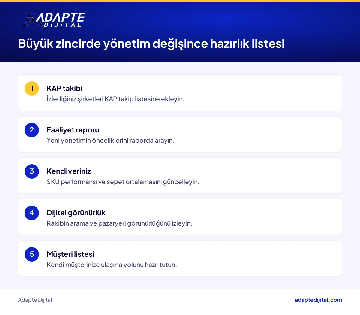 Elektronik perakendesindeki işletme sahibinin büyük zincir yönetim değişikliğine karşı hazırlık listesi