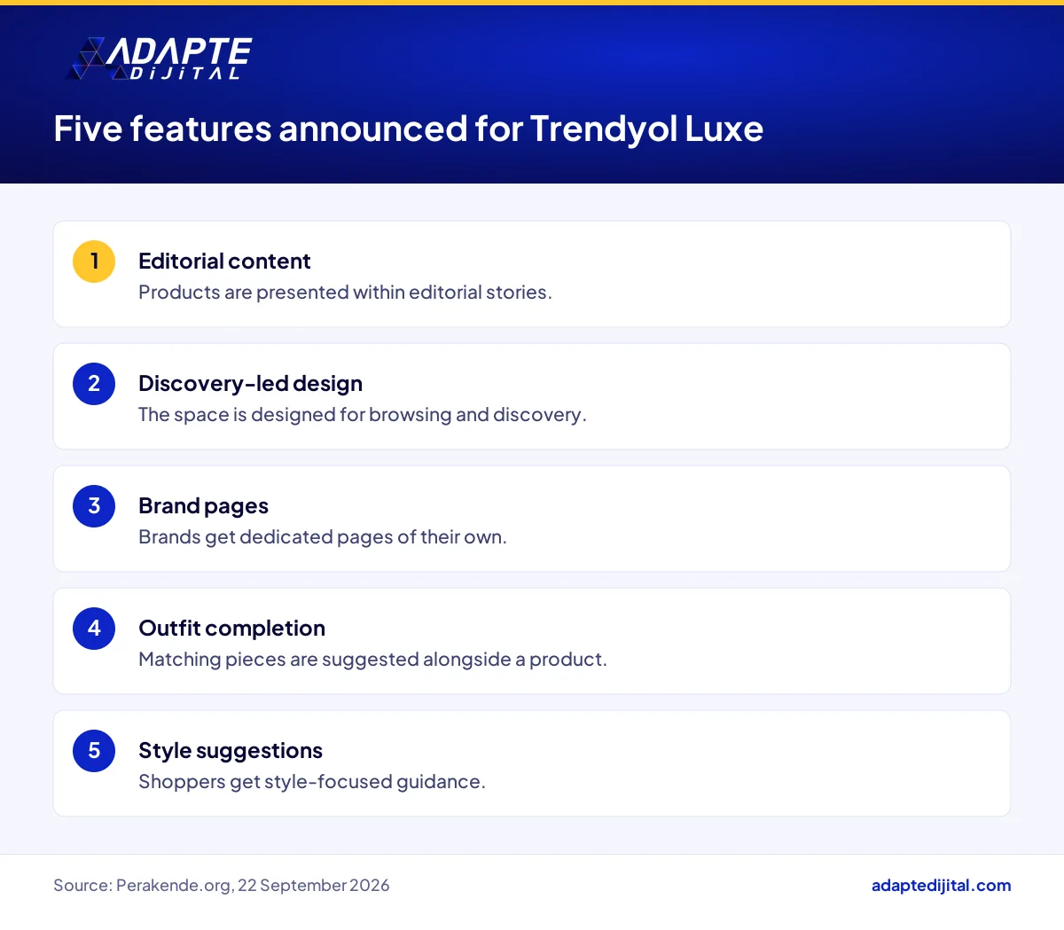 Five Trendyol Luxe features named in the announcement: editorial content, discovery, brand pages, outfits, style